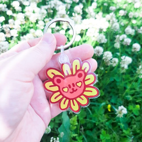 Pinkki avaimenperä, jossakarhun pää. Pään ympärillä on keltaisia terälehtiä. Karhu on iloinen ja sillä on sydämen muotoiset keltaiset posket.