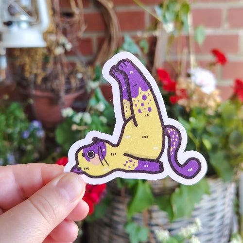 Kuvassa on hauska kissatarra. Kissa on vaaleankeltainen, ja siinä on violettejä laikkuja. Kissa makaa selällään, joogaten jalat kohti taivasta.