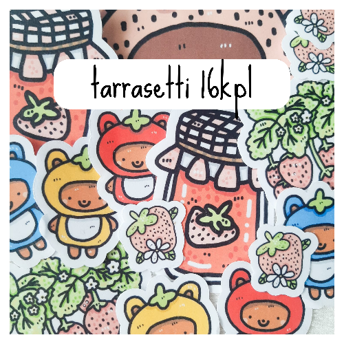 Kuvassa on monta tarraa. Tarrojen teemana on karhut ja marjat, etenkin mansikat. Kuvan päällä lukee teksti "tarrasettti 16kpl".