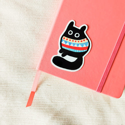 Kuvassa on kissatarra. Kissa on musta ja sillä on värikäs raidallinen villapaita päällä.