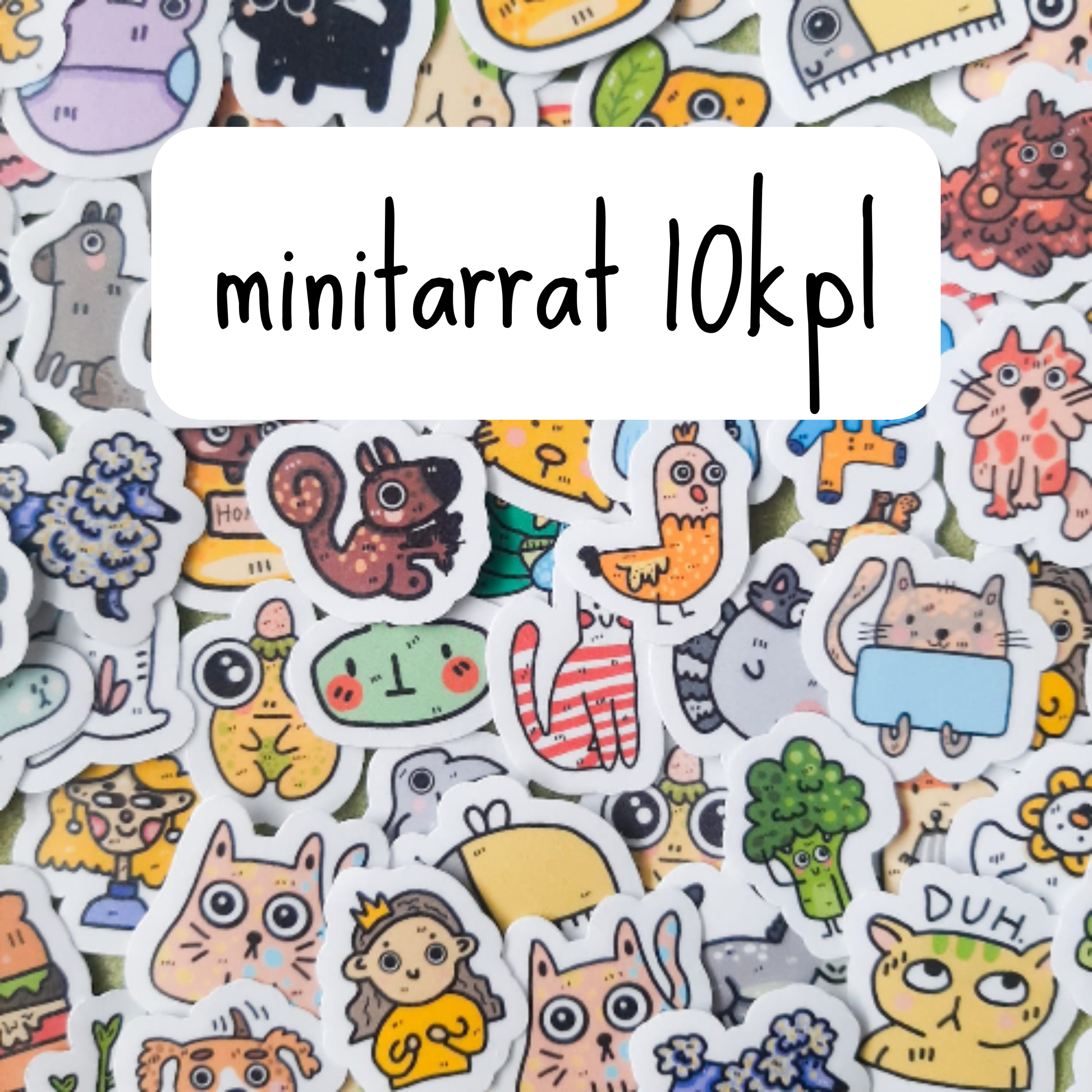 Kuvassa on paljon pieniä, hauskoja tarroja. Kuvan päällä lukee "minitarrat 10kpl". Tarrat ovat pääasiassa eläimiä.