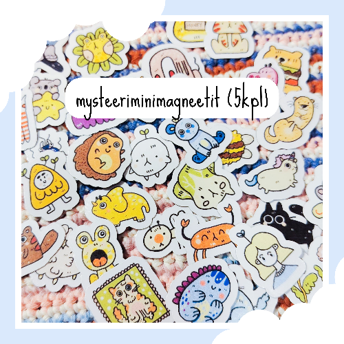 Kuvassa on kasa 3cm kokoisia minimagneetteja. Magneetit ovat värikkäitä eläimiä, joilla on hauskoja ilmeitä. Keskellä kuvaa lukee "mysteeriminimagneetit (5kpl)"